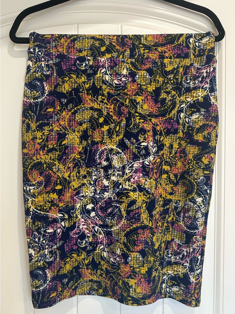LuLaRoe Cassie Skirt, Navy base w/mustard, white, purple paisley print Size XS